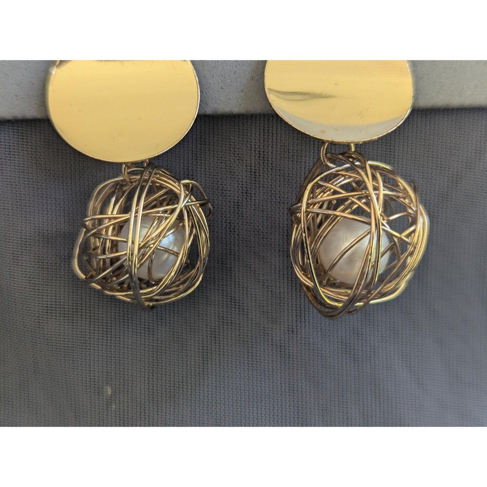 Vintage Gold Tone Wire Nest Faux Pearl Clip On Earrings Sculptural Statement